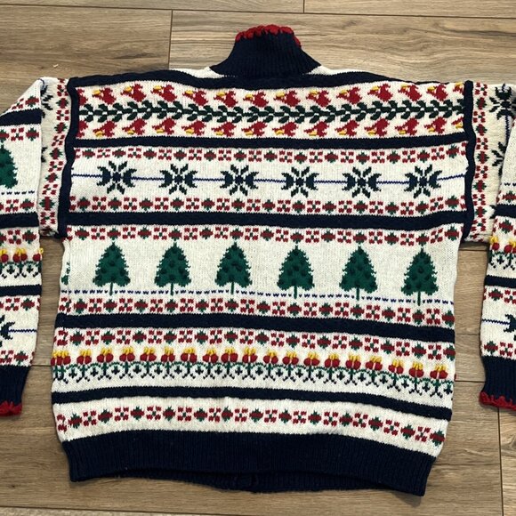 Christmas Cardigan Sweater SZ Large Fair Isle Holiday Trees 100% Wool Collared - Picture 12 of 13